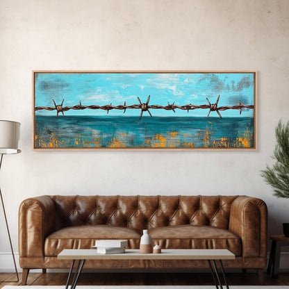 Barbed Wire Ocean, coastal decor, rustic art, farmhouse painting, minimalist painting, extra wide art, framed canvas print, moody art
