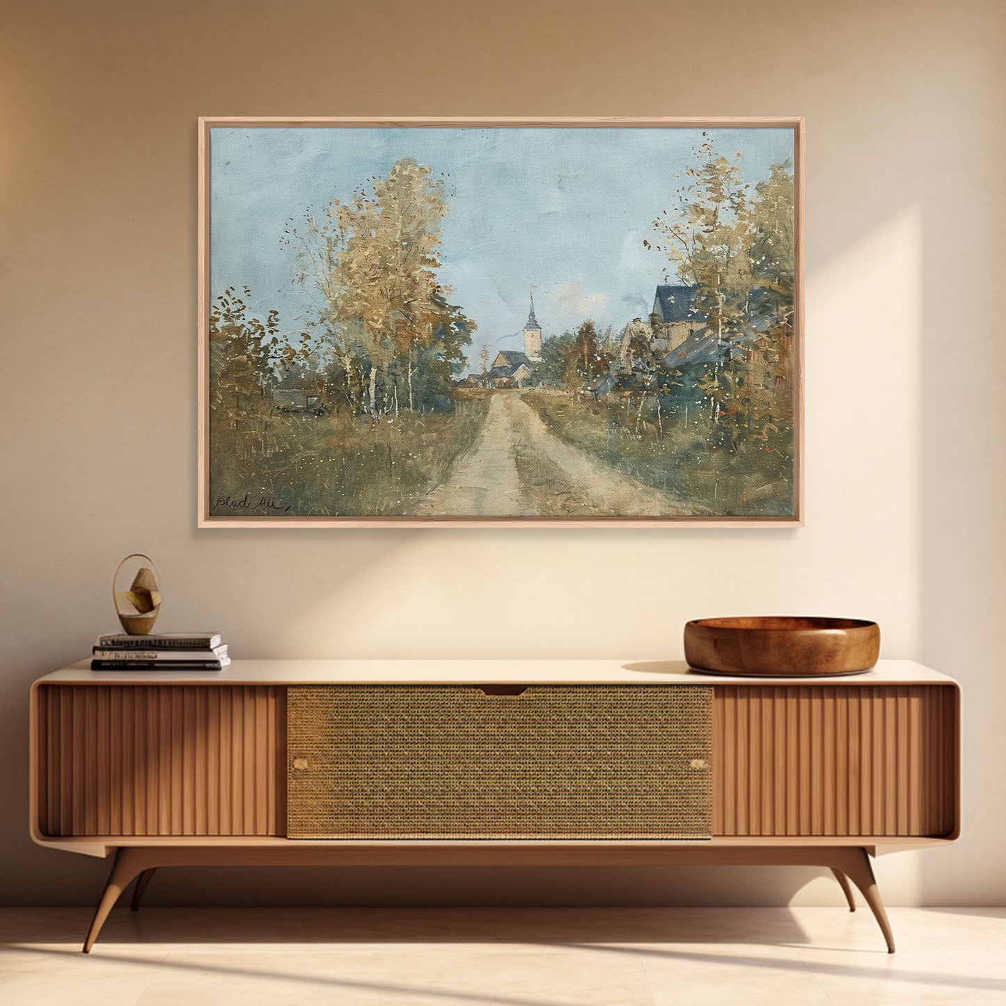 Old Country Road Leading To a Church, Framed Canvas Print, Unique Wall Art, One Of A Kind, folk art, Rustic Farmhouse