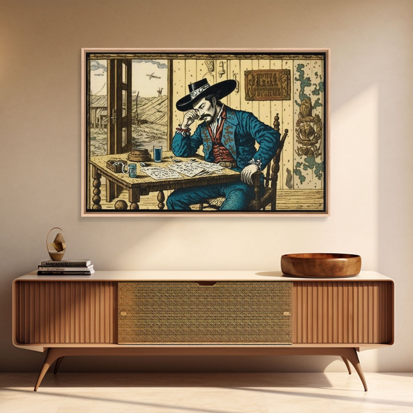 Japanese Cowboy, Wild West Samurai Mashup Art, Framed Canvas Print, Wild Western Decor, Home Art, Living Room Decor