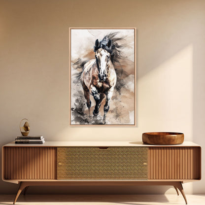 Charging Horse with Dust - Framed Canvas Print, Intense Living Room Art, Bold Bedroom Decor, Equestrian Art, Wall Art
