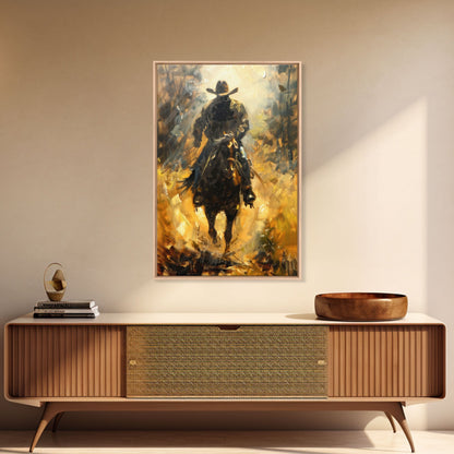 Cowboy Riding Horse into the Distance - Framed Canvas Print, Western Art, Rustic Decor, Living Room Wall Art, Cowboy Themed Art