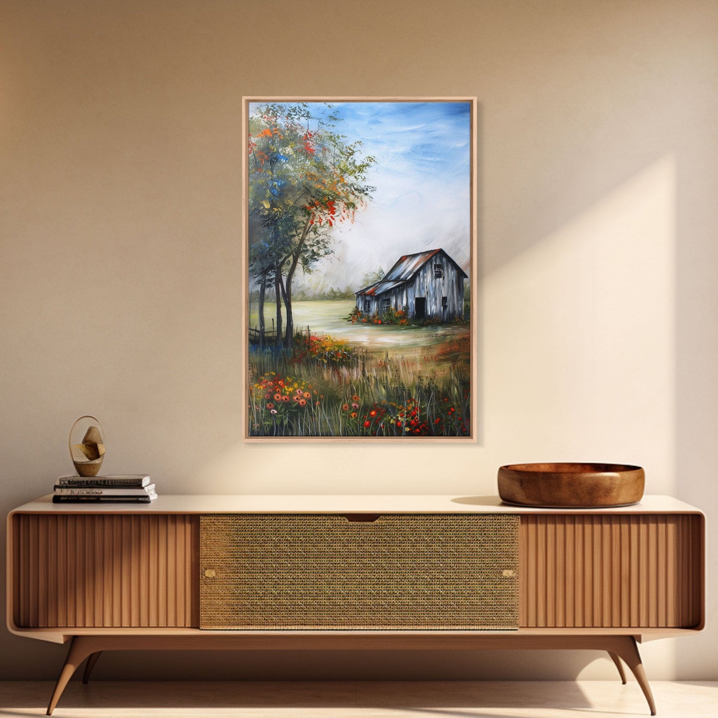 Idyllic Barn Scene with Rustic Charm - Framed Canvas Print, Country Living Room Decor, Farmhouse Wall Art, Barn Art Print for Bedroom