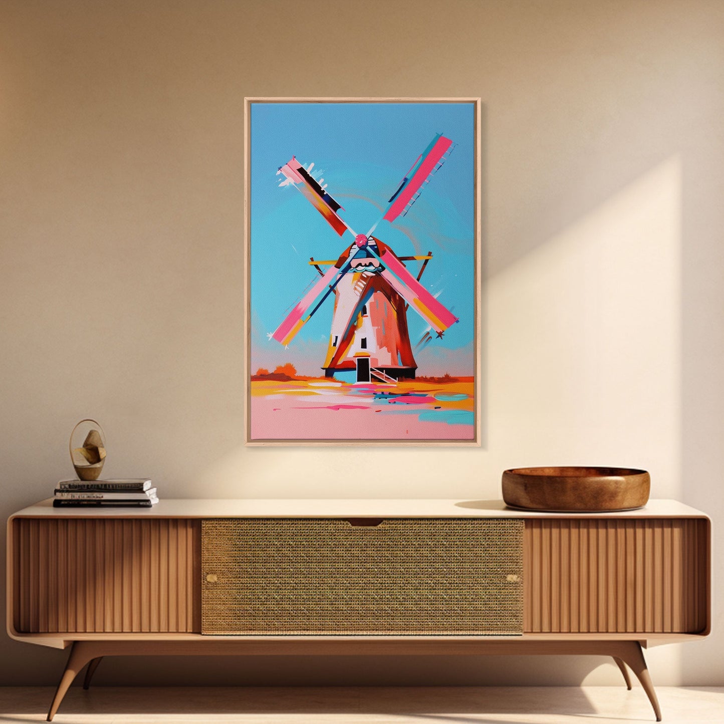 Playful Windmill Canvas Art - Framed Canvas Print, Modern Farmhouse Decor, Bright Windmill Wall Art, Vibrant Bedroom Artwork