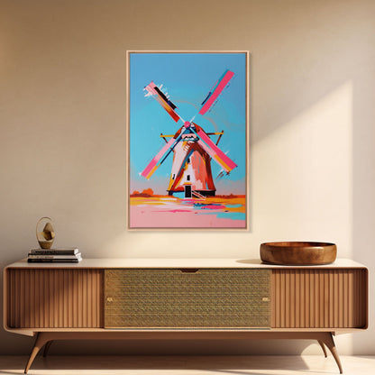 Playful Windmill Canvas Art - Framed Canvas Print, Modern Farmhouse Decor, Bright Windmill Wall Art, Vibrant Bedroom Artwork