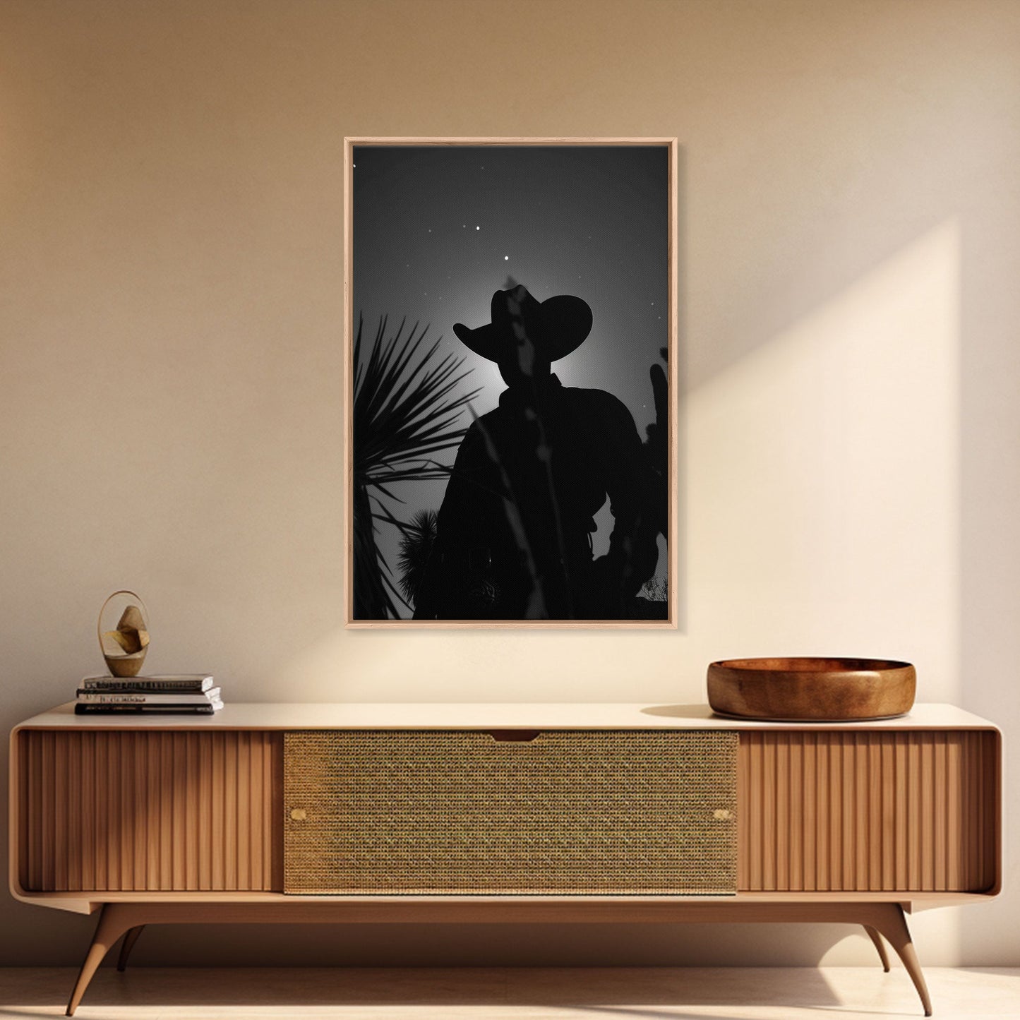 Lone Cowboy Silhouette under the Stars in Black and White for Rustic Wall Art, Canvas Prints, Home Decor, Living Room Art, Bedroom Art