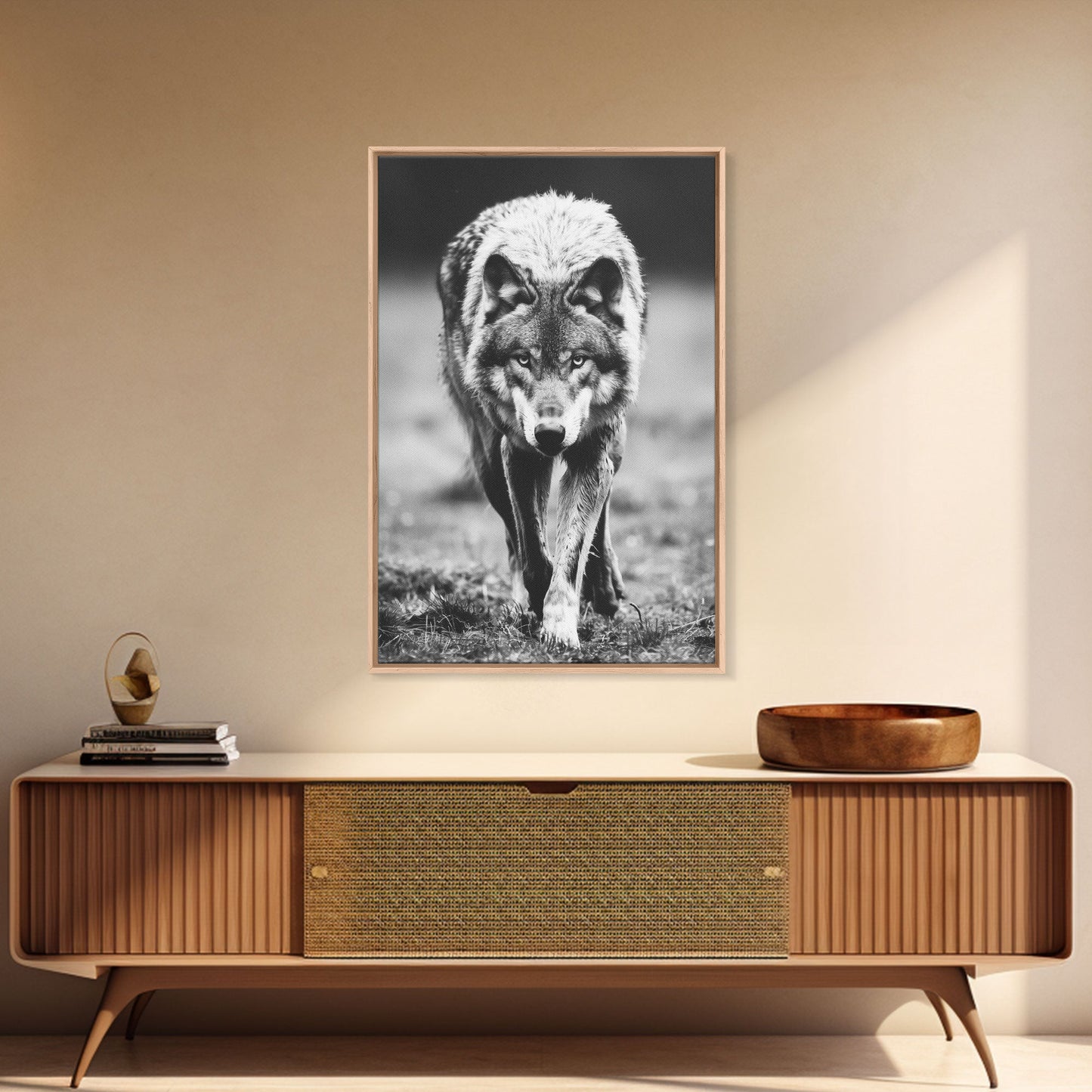Majestic Wolf Black and White Art Print - Framed Canvas Wall Decor, Wildlife Art for Living Room, Rustic Animal Wall Art for Home