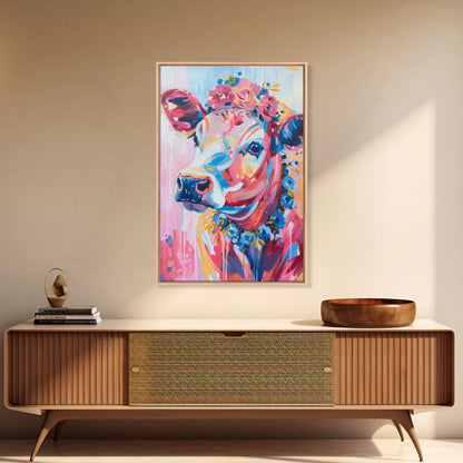 Floral Crowned Cow Portrait - Whimsical Farmhouse Wall Art, Vibrant Animal Painting, Bedroom Decor, Cute Cow Canvas Print