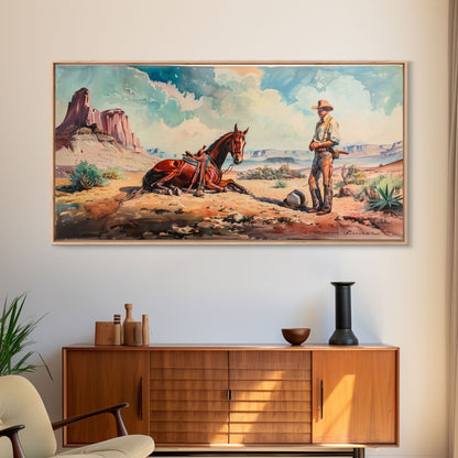Cowboy and Horse in Desert Landscape, Rustic Farmhouse Art, Framed Canvas Print, Western Decor, Living Room Wall Art, Country Style