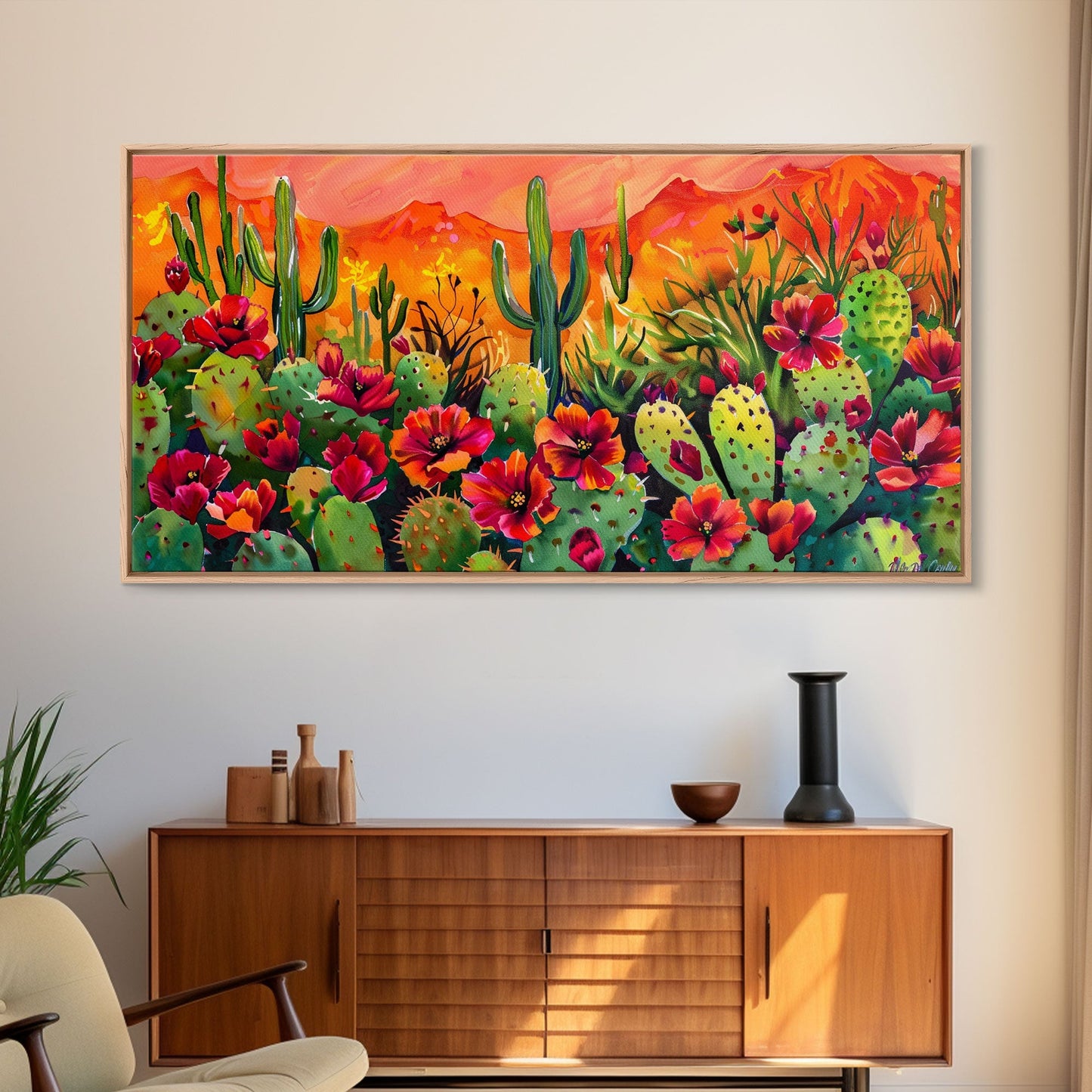 Colorful cactus garden in desert sunset, Framed Canvas Print, perfect for farmhouse living room, bohemian wall art