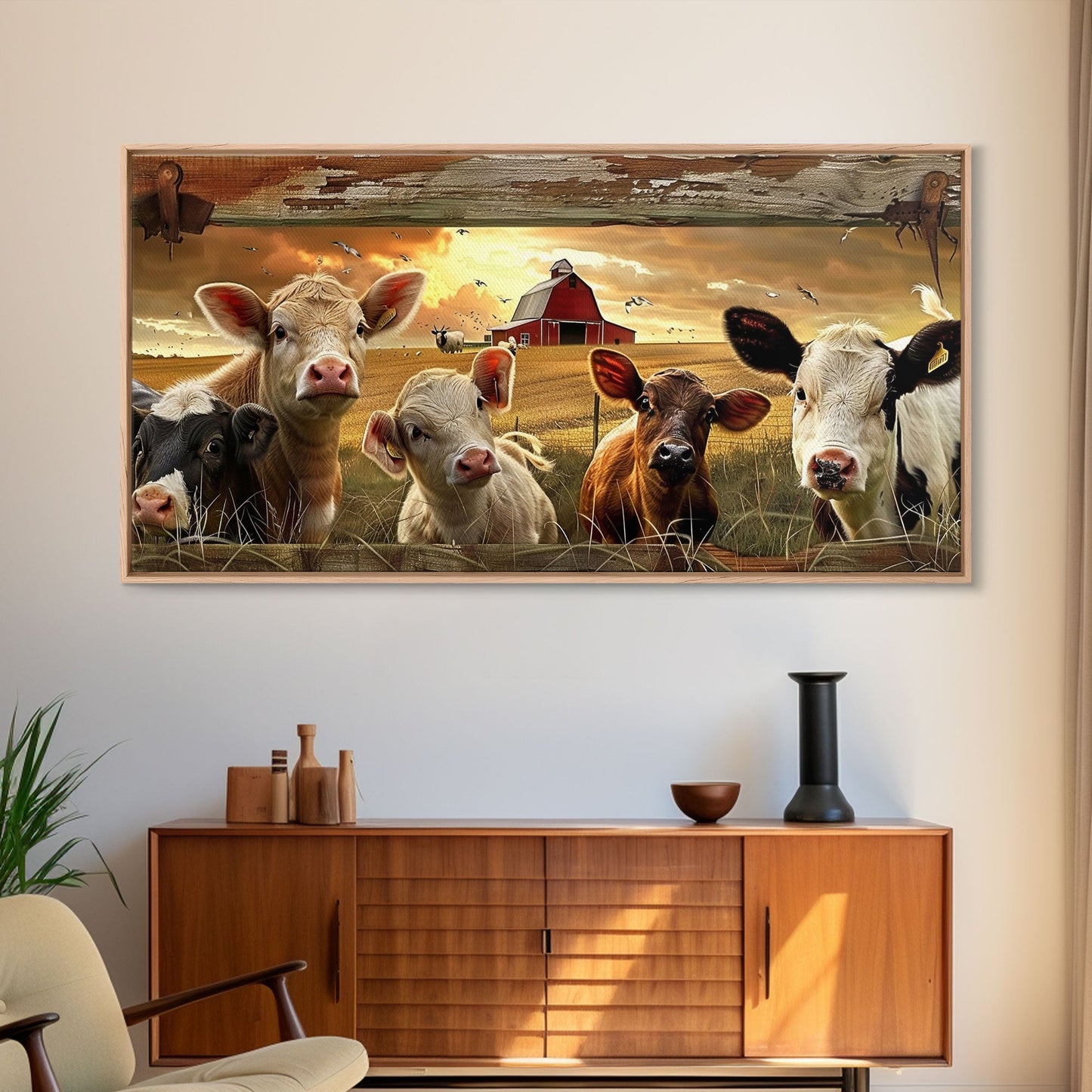 Charming desert garden with blooming cacti and sunset, Framed Canvas Print, perfect for rustic farmhouse living room art