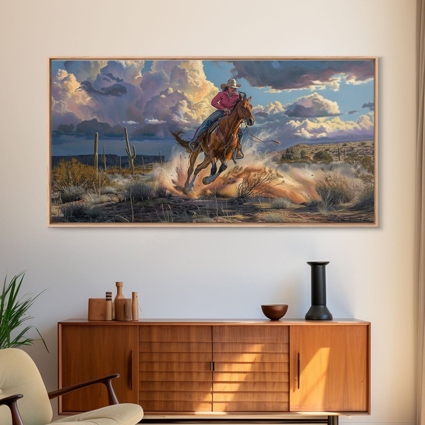 Colorful Desert Landscape with Tree Under Starry Sky, Stunning Framed Canvas Print, Living Room Art, Bedroom Decor, Southwestern Wall Art