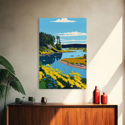 Colorful Pop Art Picture of a Stream, Framed Canvas Print, Surrealist High Contrast Cel Shaded Landscape Art