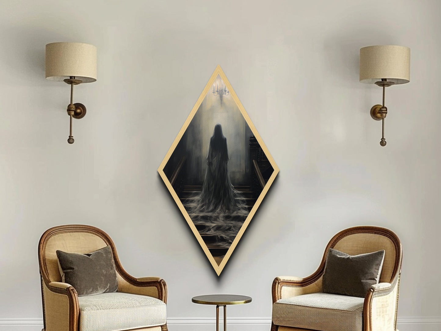 "Chandelier of Silence" Canvas Embossed Print of Spectral Figure Below Light, Diamond Shaped Art for Gothic Paranormal or Halloween Decor