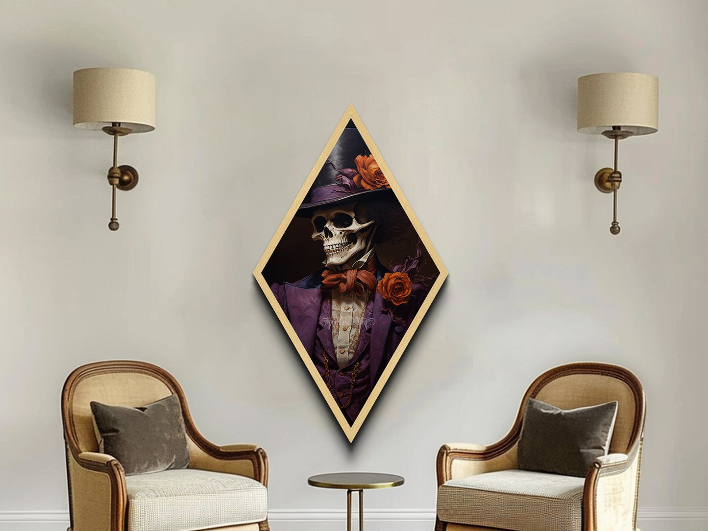 Skeleton in Purple Suit with Roses Diamond Shaped Art Canvas Art Print Romantic Gothic Halloween Dark Dandy Wall Decor