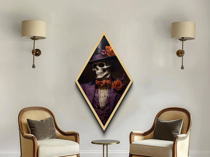 Skeleton in Purple Suit with Roses Diamond Shaped Art Canvas Art Print Romantic Gothic Halloween Dark Dandy Wall Decor