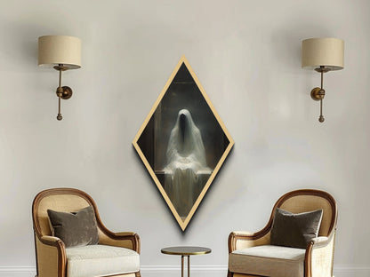 Diamond Shaped Art Phantom Figure Canvas Embossed Print, Dark Academia Halloween Wall Decor, Gothic Veiled Spirit Paranormal Painting
