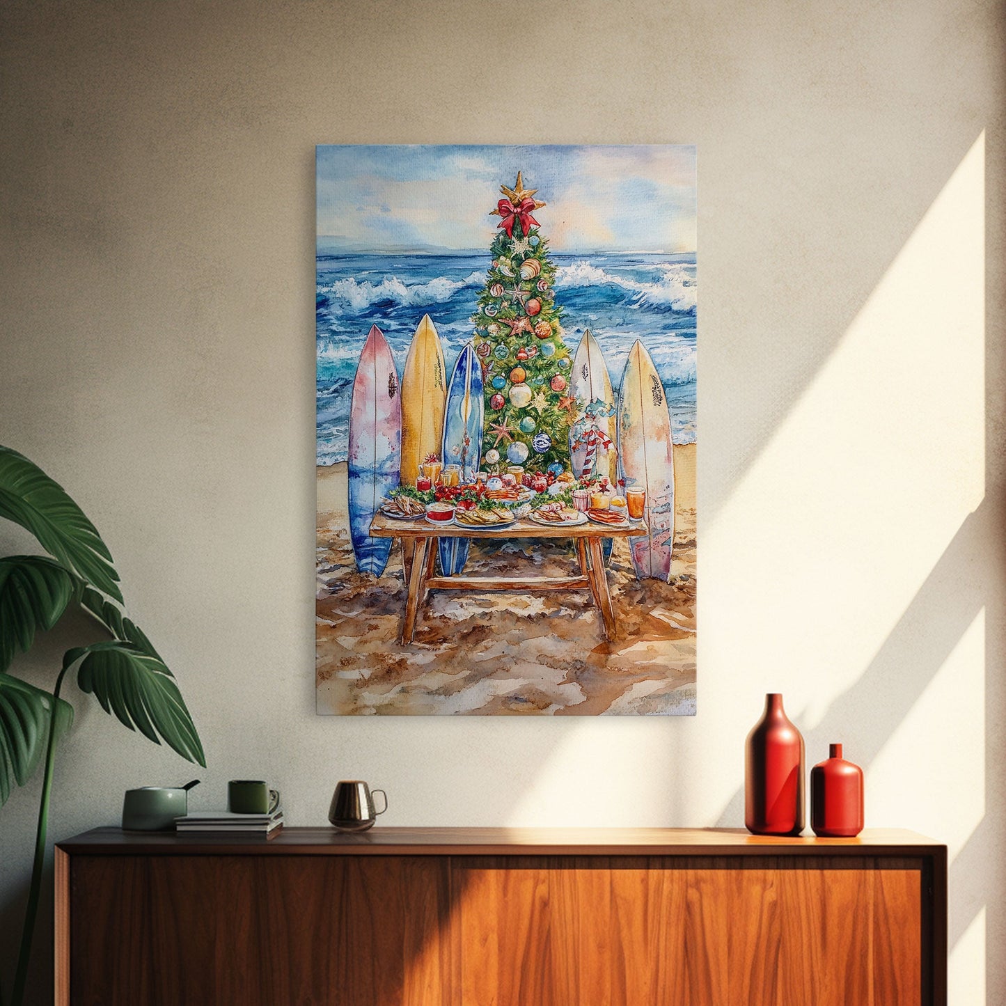 Christmas tree with surfboards on the beach, Framed Canvas Print tropical holiday wall art perfect beach Christmas decor holiday gift idea