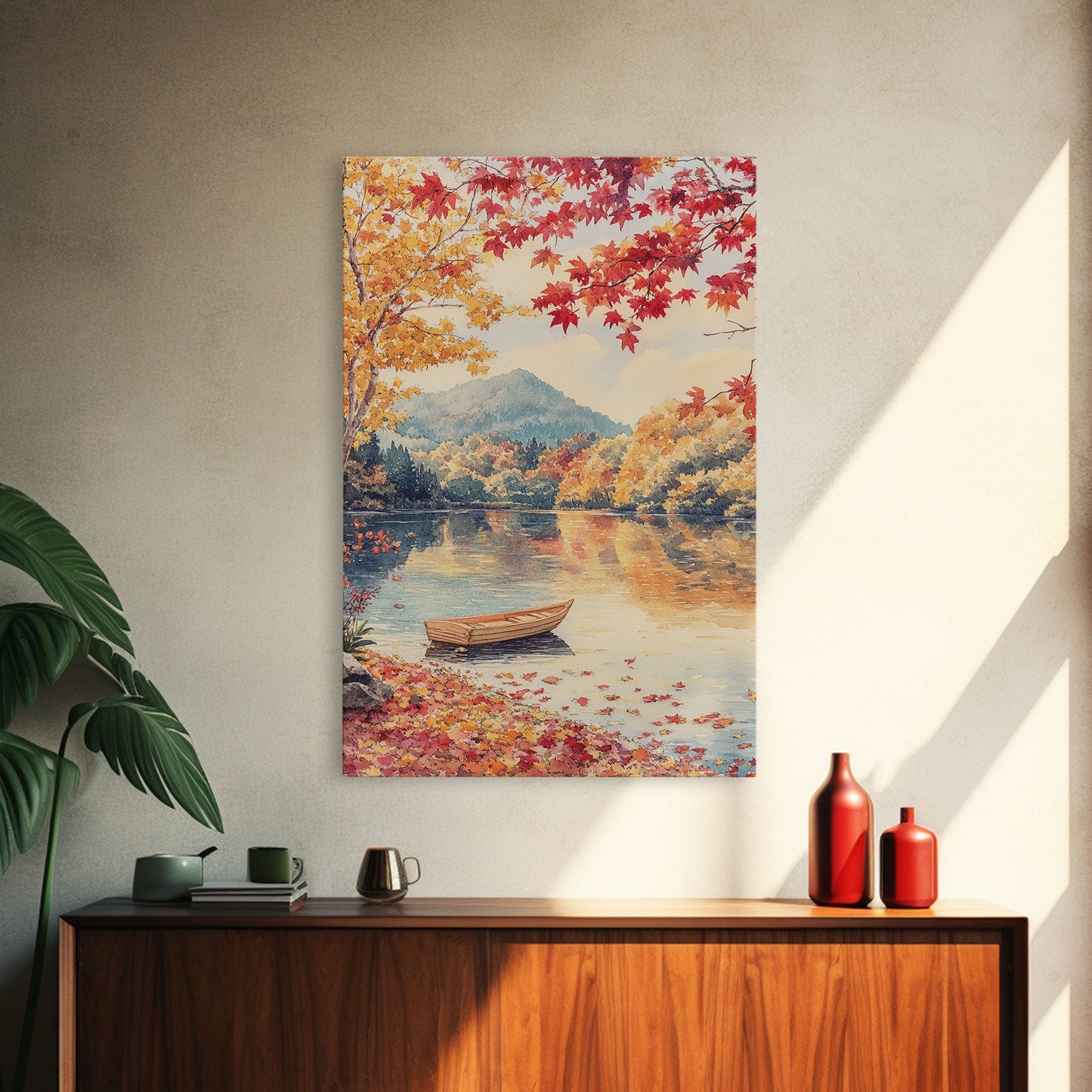 Canoe On A Serene Fall Lake, Framed Canvas Print, Autumn Decor, Fall Wall Art, Fall Poster, Autumn Prints Wall Art