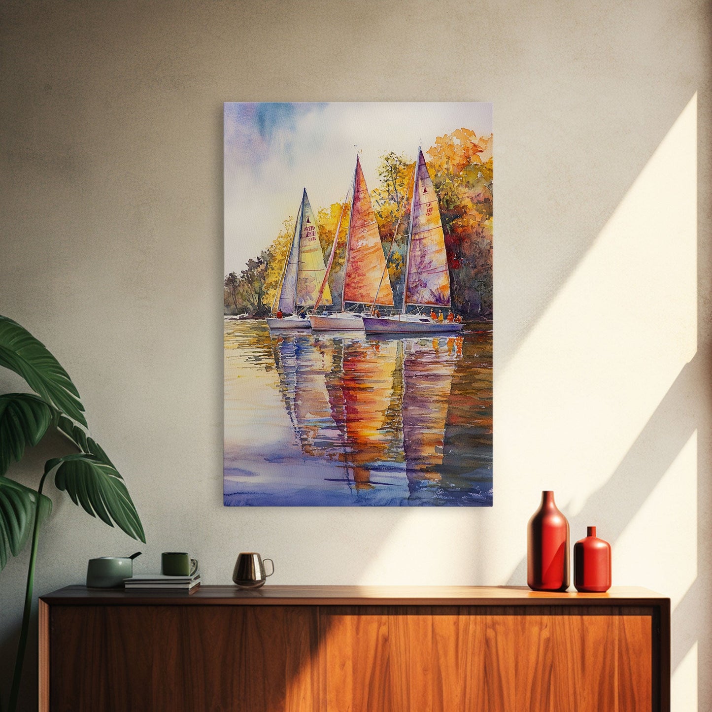Colorful Sailboats Reflected On Water Framed Canvas Print Fall Nautical Wall Art Coastal Decor Best Gift Idea Holiday Wall Art