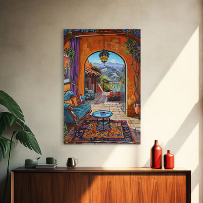 Cozy Southwestern Patio Framed Canvas Print Colorful Courtyard Best Gift Idea Home Decor Bright Seasonal Art Above Sofa Wall Art