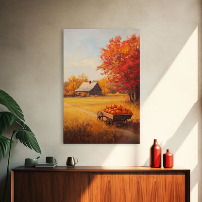 Pumpkin Cart In Fall Field Framed Canvas Print Rustic Autumn Country Farmhouse Decor Perfect Seasonal Art For Farmhouse Christmas Wall Art