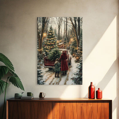 Rustic Christmas Tree Farm with Red Truck in Snowy Forest, Ideal Farmhouse Christmas Decor for Holiday Wall Art, Framed Canvas Print