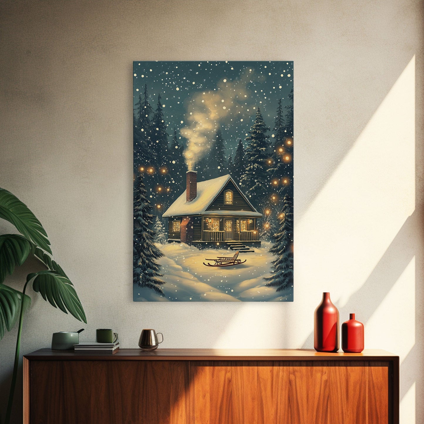 Cozy Cabin in Snowy Winter Forest, Warm Christmas Lights and Peaceful Holiday Scene, Perfect for Winter Wall Art, Framed Canvas Print