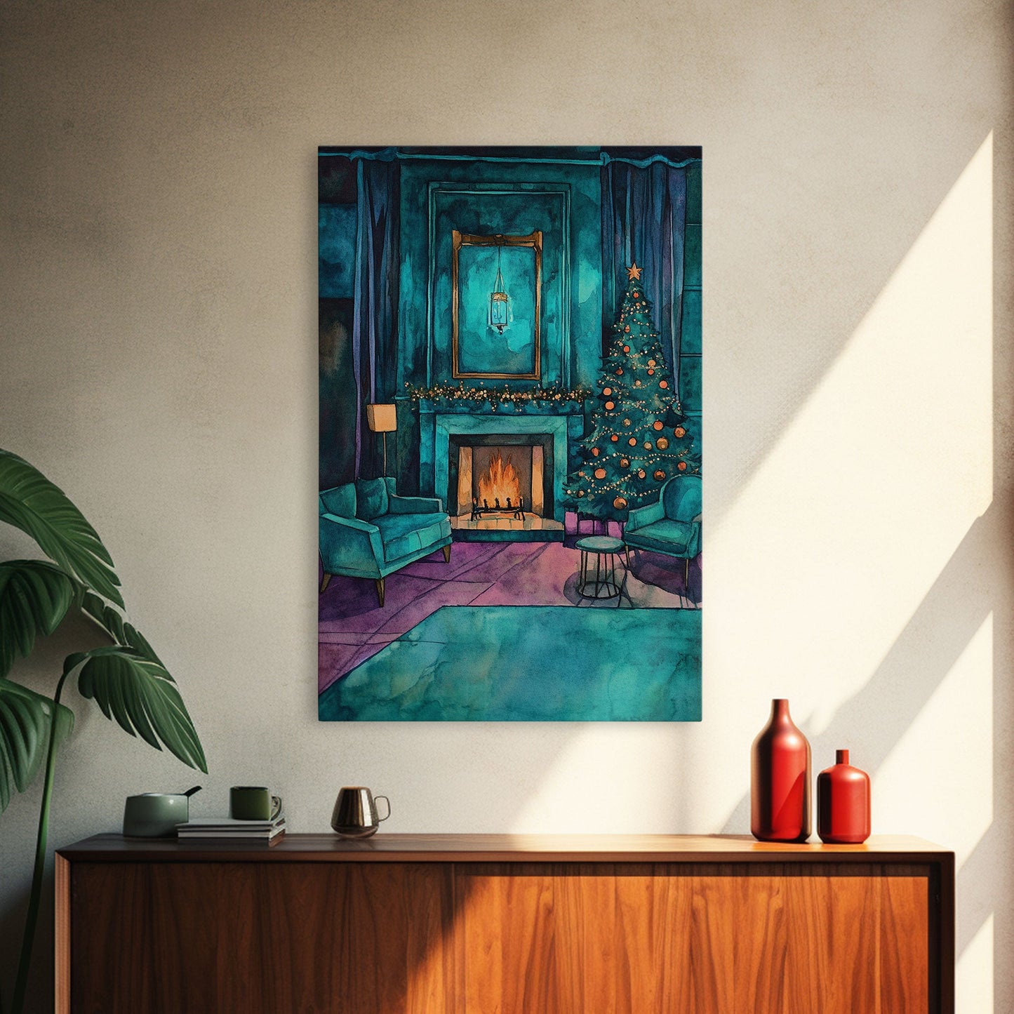 Cozy living room with Christmas tree and fireplace, Framed Canvas Print, Christmas wall art, perfect modern farmhouse holiday decor