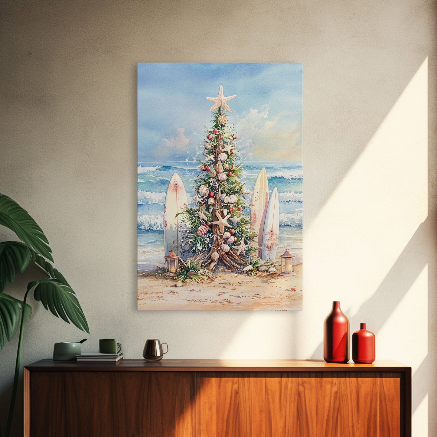 Coastal Christmas tree with surfboards at the beach Framed Canvas Print, tropical holiday wall art beach Christmas decor Christmas prints