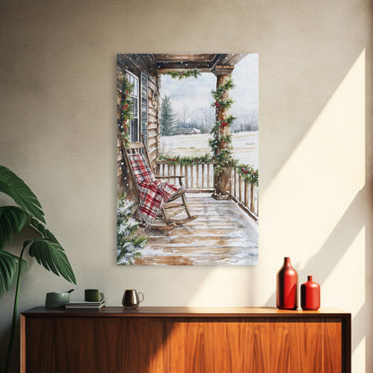 Farmhouse porch decorated with garland and cozy rocking chair, Framed Canvas Print winter decor idea for rustic home Christmas wall art