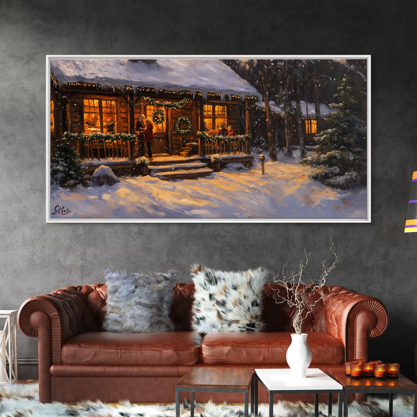 Festive Log Cabin Winter Scene Framed Canvas Print Christmas Wall Art, Rustic Holiday Art, Cozy Christmas Scene, Seasonal Wall Decor Gift
