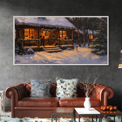 Festive Log Cabin Winter Scene Framed Canvas Print Christmas Wall Art, Rustic Holiday Art, Cozy Christmas Scene, Seasonal Wall Decor Gift