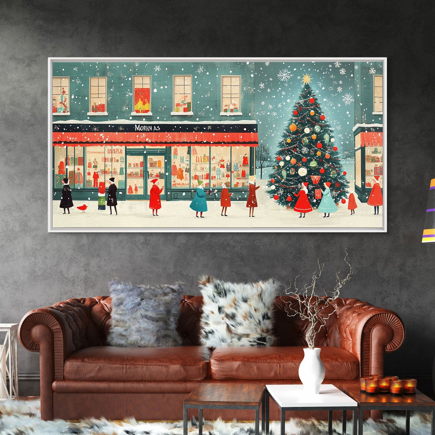 Mid Century Modern Christmas Framed Canvas Print, Retro Holiday Home Decor Christmas Decor, Best Gift Christmas Art, Holiday Wall Art