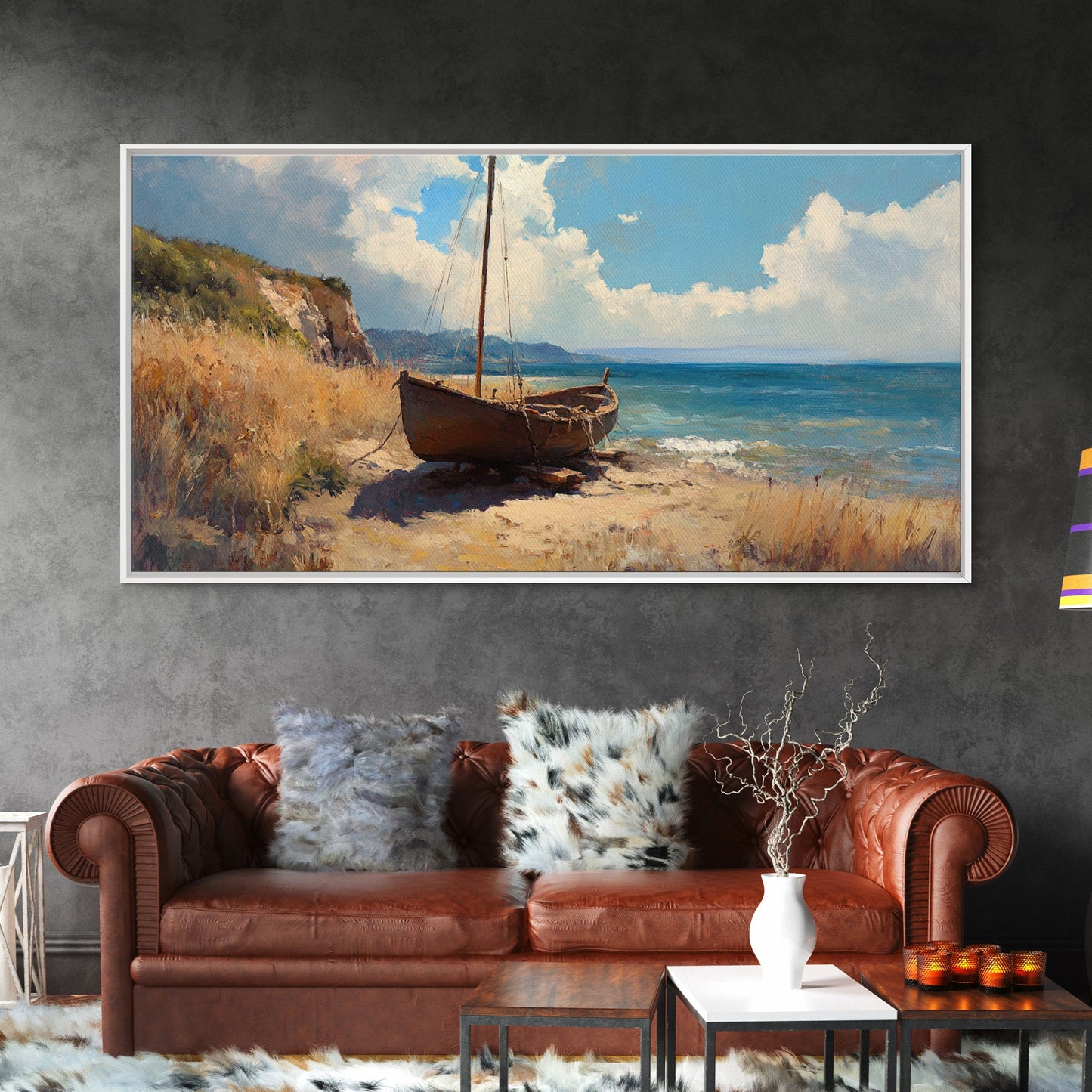 Rustic Sailboat Framed Canvas Print Nautical Wall Art Coastal Landscape Art Barn Landscape Oil Painting Rustic Decor Above Sofa Art