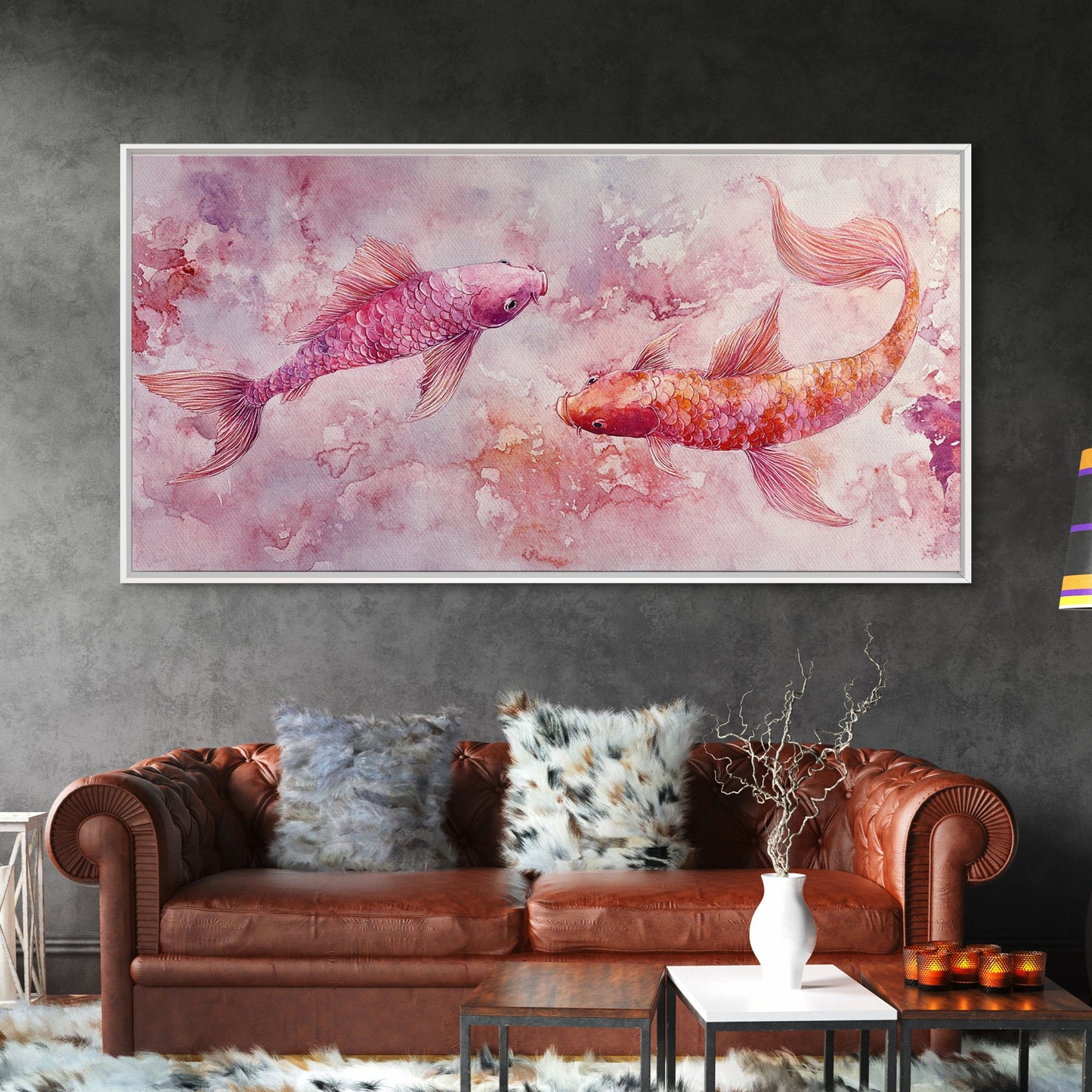 Koi Fish Painting Canvas Print Pink and Orange Wall Art Above Sofa Art Nautical Decor Gift Idea Whimsical Art Bedroom Decor