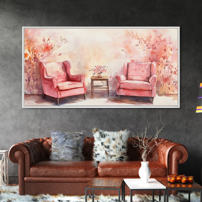 Cozy Pink Living Room Canvas Print with Chairs and Floral Decor, Perfect Rustic Wall Art for Fall or Above Couch Decor, Farmhouse Style
