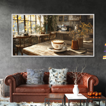 Cozy Cafe Latte Framed Canvas Print - Coffee Wall Art Kitchen Decor - Rustic Farmhouse Style Food Review Art - Gift Idea Her