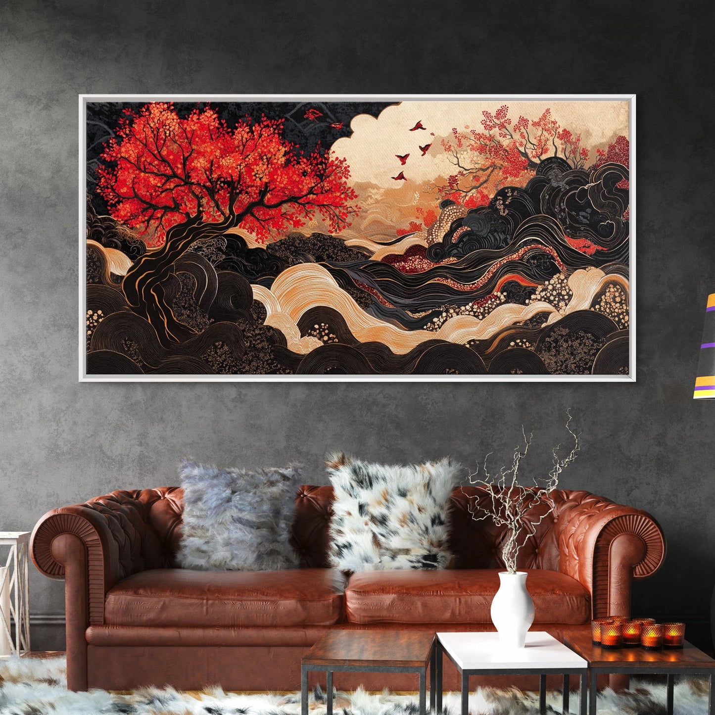 Japanese Inspired Framed Canvas Print Featuring Chinoiserie Wall Art and Autumn Tree Painting Unique Horizontal Living Room Art