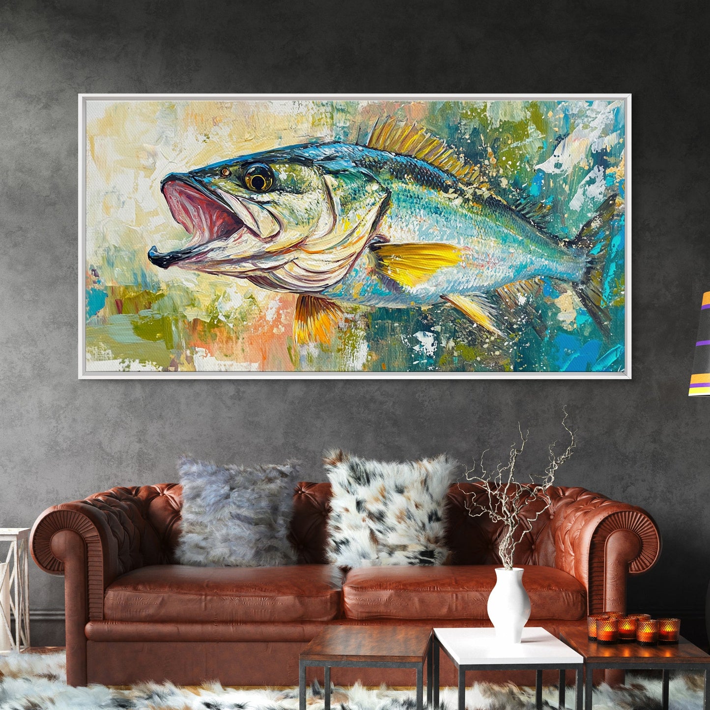 Fish Painting, Coastal Wall Art, Nautical Decor, Wildlife Painting, Fly Fishing Art, Extra Wide Art, Framed Canvas Print, Above Couch Art