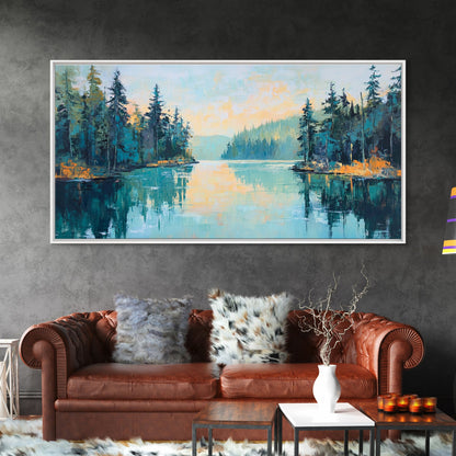 Tranquil Lake, pine tree art, landscape painting, smoky mountain art, panoramic painting, nature painting, Framed Canvas Print