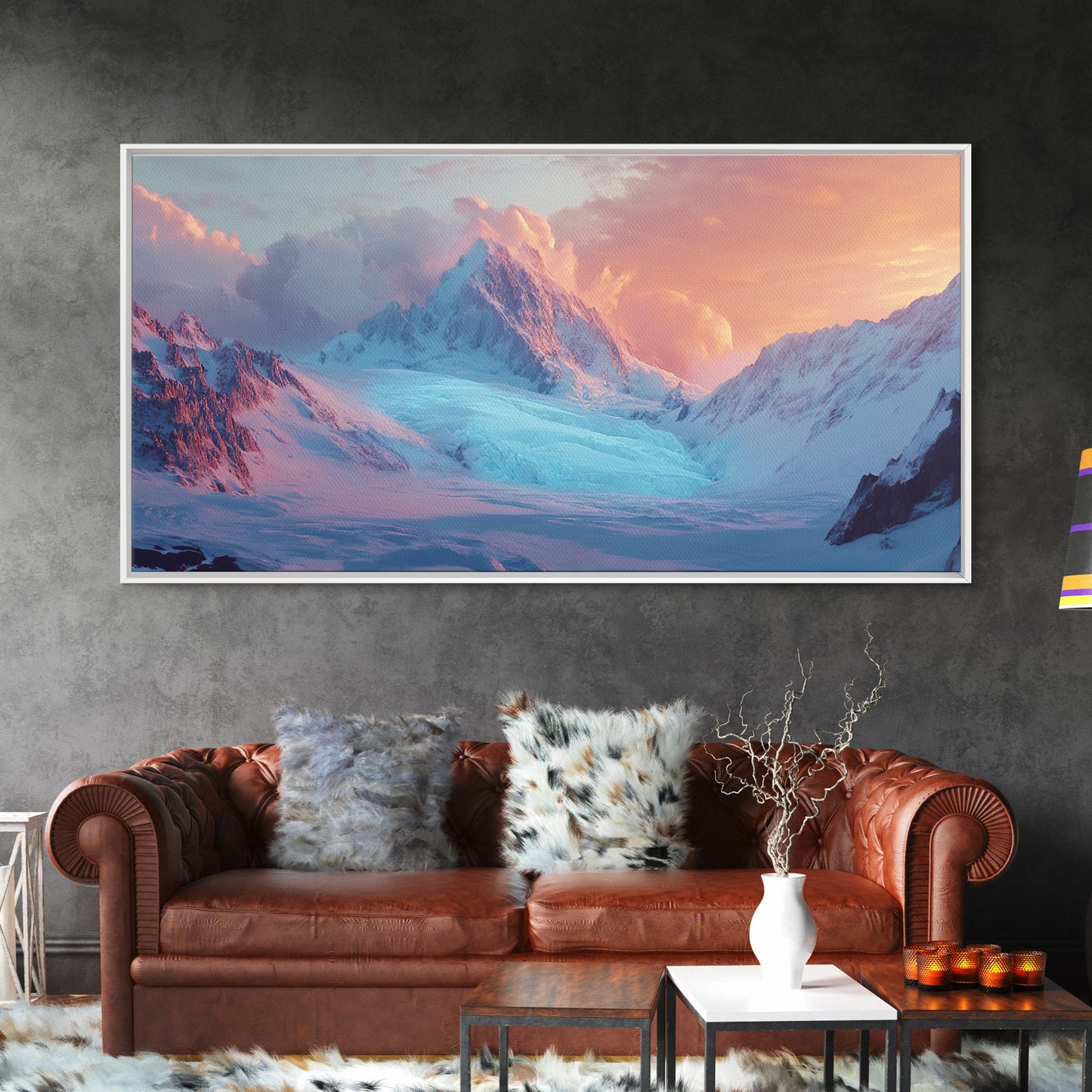Snowy Mountain Scene, Landscape Painting, Moody Art, Extra Wide Art, Framed Canvas Print, Winter Decor, Bedroom Art