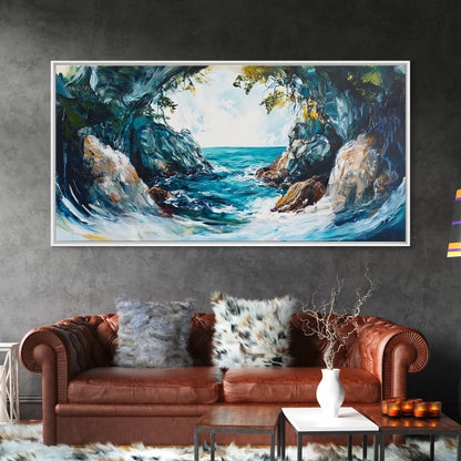 Ocean Cave, coastal landscape art, seascape painting, blue and green wall art, framed canvas print, extra wide art, beach painting