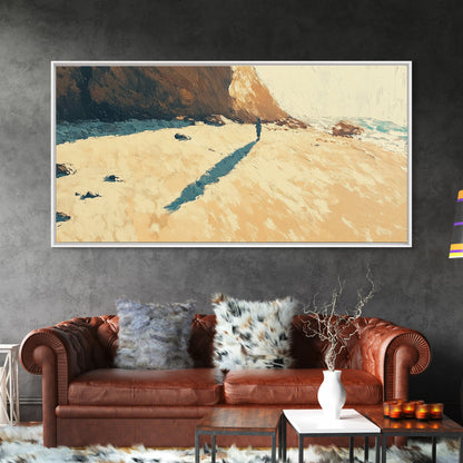 Lone Beach Wanderer, Framed Canvas Print, landscape painting, moody art, wabi sabi wall art, extra wide art, above bed wall art