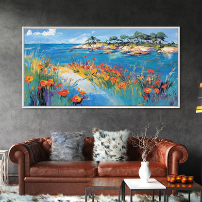 Coastal Poppies, Framed Canvas Print, California poppy art, coastal painting, wildflower painting, seascape art, above bed wall art