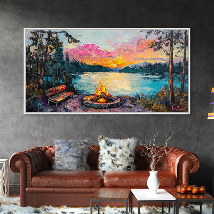 Campfire by Lake, Mountain Painting, Landscape Art, Moody Art, Framed Canvas Print, Above Sofa Art, Wabi Sabi Art, Rustic Decor