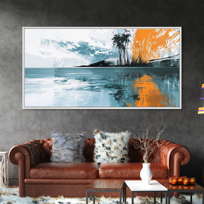 Palm Reflection, tropical coastal art, framed canvas print, coastal cowgirl wall art, panoramic painting, modern abstract art