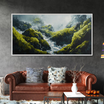 Waterfall Moss, green wall art, framed canvas print, mountain painting, zen wall art, rustic decor, original painting, above couch art