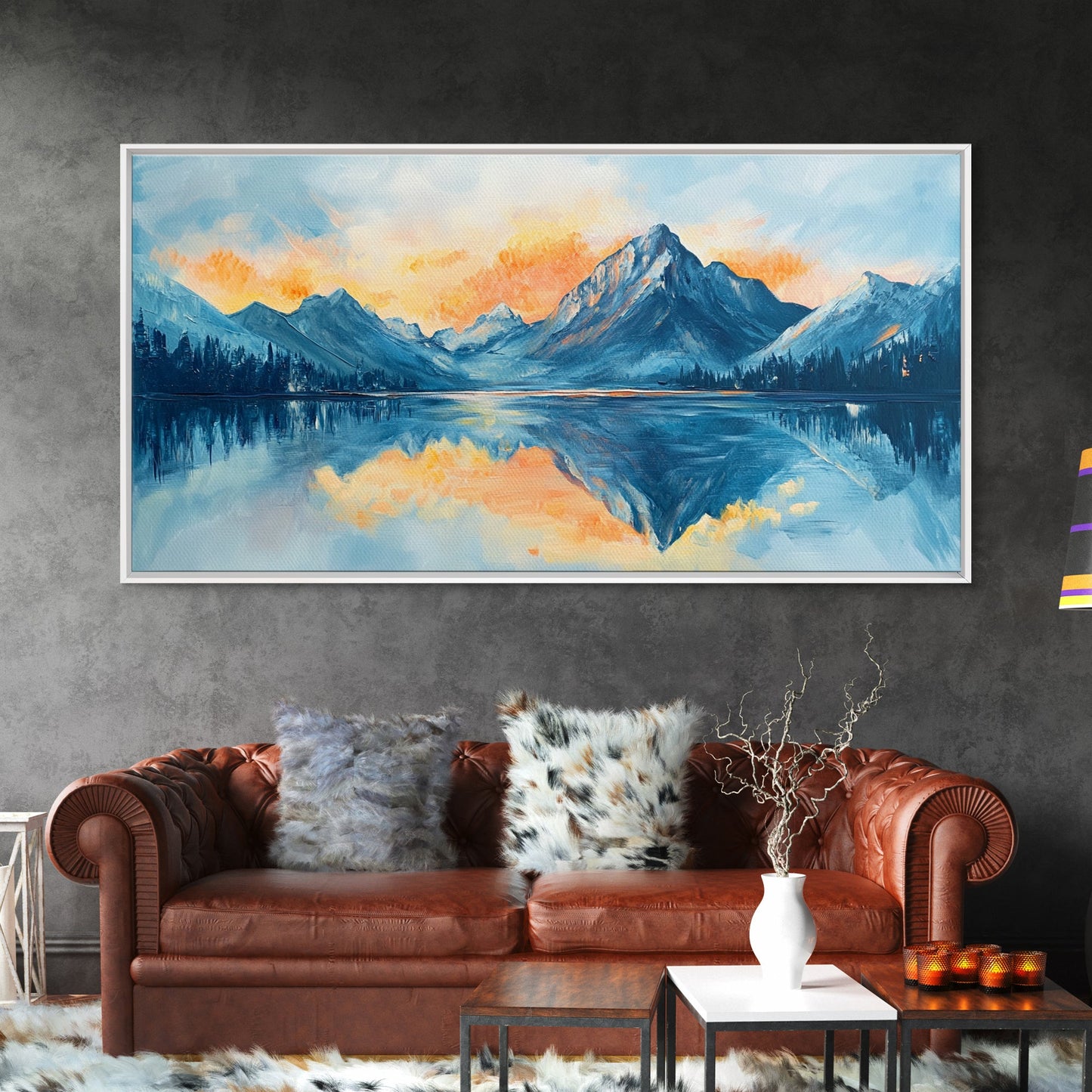 Lake Reflection, Sunset Mountains, Panoramic Art, Framed Canvas Print, Mountain Painting, Lake Art, Horizontal Wall Art, Bedroom Art