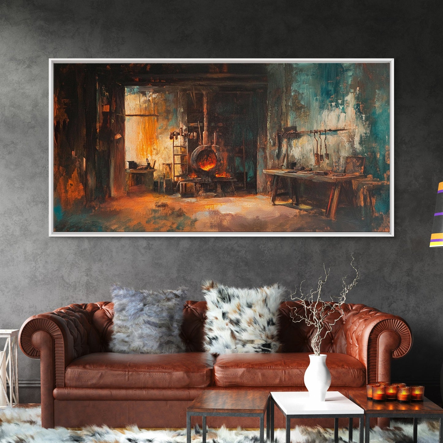 Rustic forge, blacksmith, industrial art, dark romance painting, vintage art, moody art, framed canvas print, horizontal wall art, gift idea