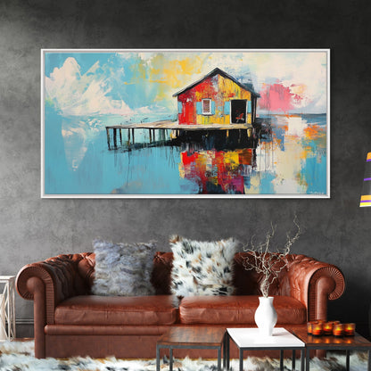 Colorful boathouse, lake reflection, coastal decor, seascape painting, nautical wall art, framed canvas print, extra wide art, gift idea